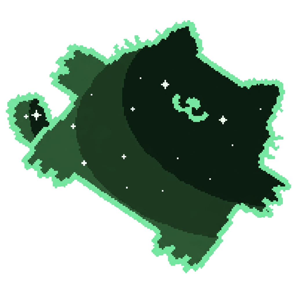 Money Cat, a smiling green pixel-art cat with a curled tail